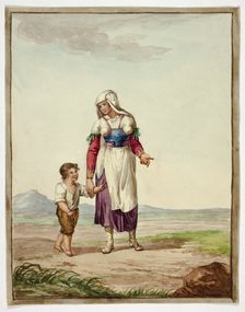 Woman in Native Costume with Boy on Road, n.d. Creator: Unknown