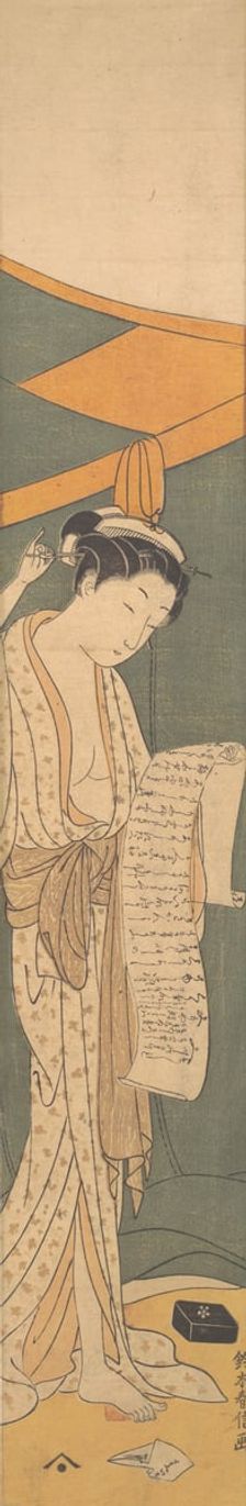 Woman in Night Robe Reading a Letter, 1764-72., 1764-72. Creator: Suzuki Harunobu