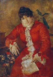 Woman in scarlet dress with newspaper sheet and ficus, 1884/1889. Creator: Anton Romako
