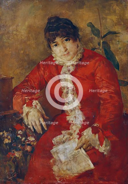 Woman in scarlet dress with newspaper sheet and ficus, 1884/1889. Creator: Anton Romako.