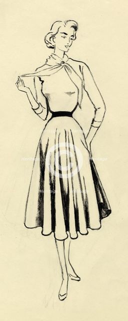 Woman in sweater and full skirt, c1950. Creator: Shirley Markham.
