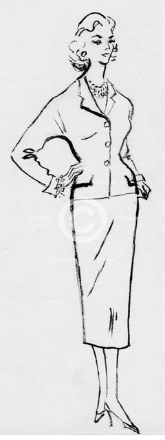 Woman in pencil suit, c1950. Creator: Shirley Markham.