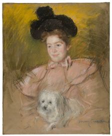 Woman in Raspberry Costume Holding a Dog, c. 1901. Creator: Mary Cassatt