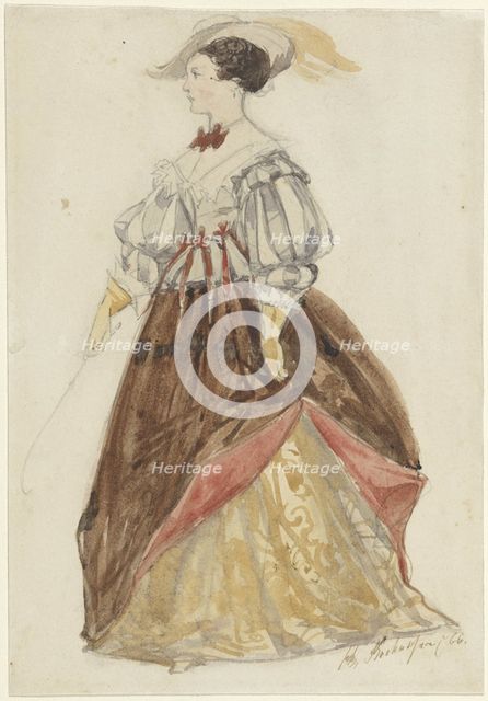 Woman in riding dress, with feathered hat, gloves, and whip in hand, 1866. Creator: Charles Rochussen.