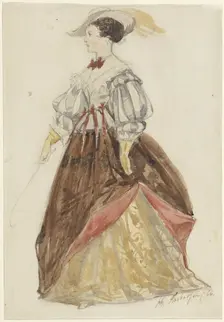 Woman in riding dress, with feathered hat, gloves, and whip in hand, 1866. Creator: Charles Rochussen
