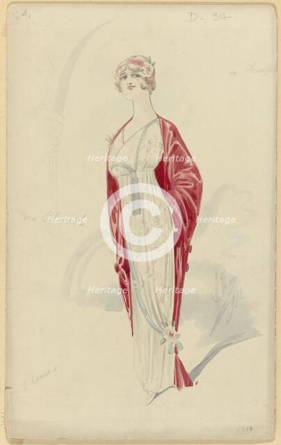 Woman in white evening dress with floral pattern, No. D.34, 1914. Creator: Price.