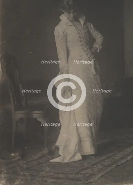 [Woman in White Laced-bodice Dress in Studio of Thomas Eakins], 1880s., 1880s. Creator: Thomas Eakins.