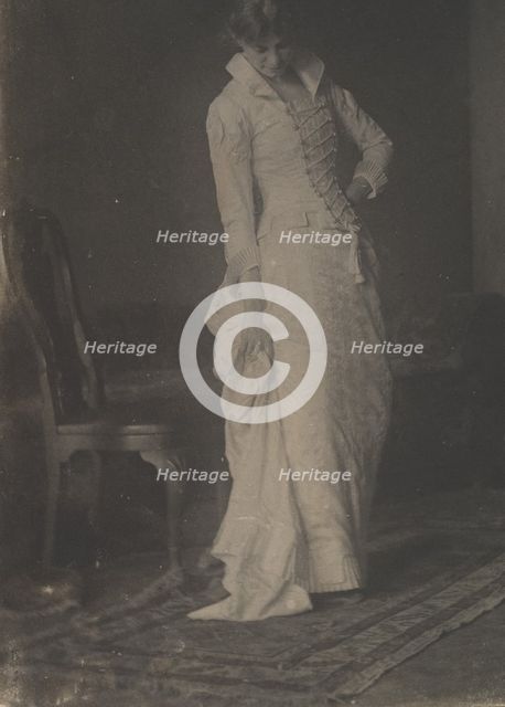 [Woman in White Laced-bodice Dress in Studio of Thomas Eakins], 1880s., 1880s. Creator: Thomas Eakins.