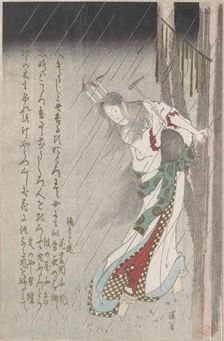 Woman in the Rain at Midnight Driving a Nail into a Tree to Invoke Evil on Her Unf..., 19th century. Creator: Totoya Hokkei