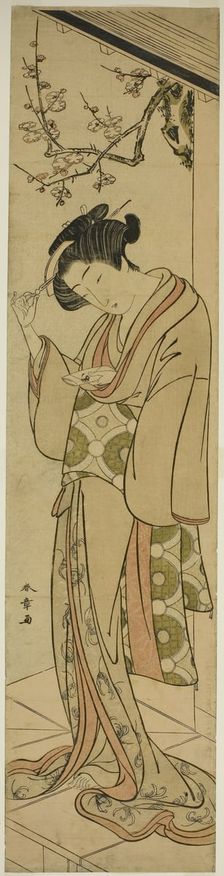 Woman on a Veranda About to Open a Love-letter, Japan, mid-late 1770s. Creator: Shunsho