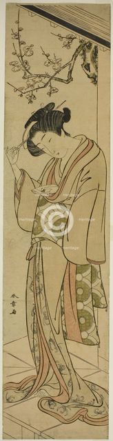 Woman on a Veranda About to Open a Love-letter, Japan, mid-late 1770s. Creator: Shunsho.
