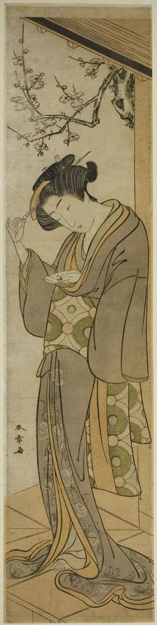 Woman on a Verandah About to Open a Letter, Japan, mid-late 1770s. Creator: Shunsho