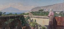 Woman on the terrace of the Cocumella hotel. View of Vesuvius, 1897. Creator: Henry Brokman