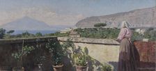 Woman on the terrace of the Cocumella hotel. View of Vesuvius, 1897. Creator: Henry Brokman