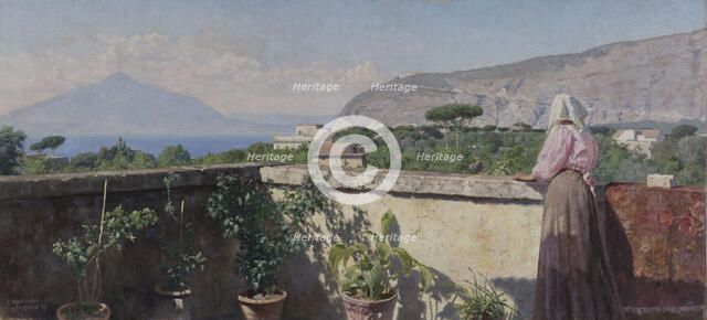 Woman on the terrace of the Cocumella hotel. View of Vesuvius, 1897. Creator: Henry Brokman.
