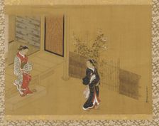 Woman on the verandah steps; another in the garden, Edo period, 18th century. Creator: Unknown