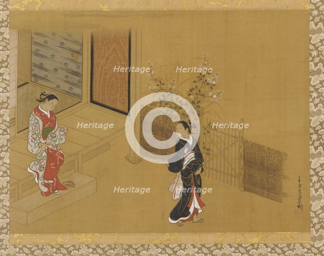 Woman on the verandah steps; another in the garden, Edo period, 18th century. Creator: Unknown.
