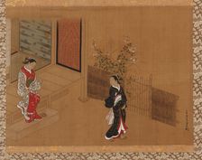 Woman on the verandah steps; another in the garden, Edo period, 18th century. Creator: Unknown