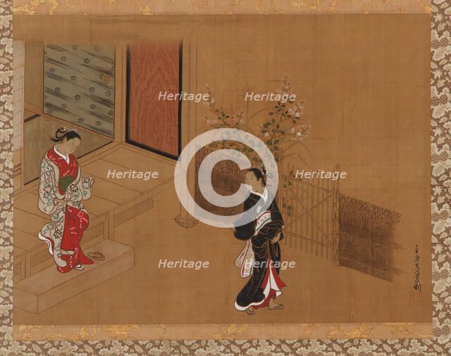 Woman on the verandah steps; another in the garden, Edo period, 18th century. Creator: Unknown.