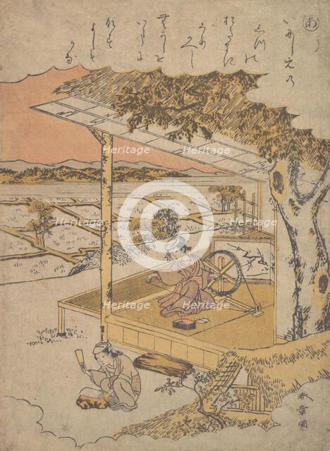 Woman on Veranda, Spinning..., 18th century. Creator: Shunsho.