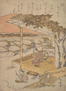 Woman on Veranda, Spinning..., 18th century. Creator: Shunsho