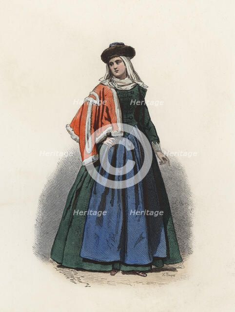 Woman of a Polish affluent from Krakow, in the modern age, color engraving 1870.