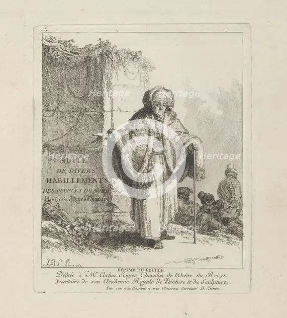Woman of the People, plate one from Divers Habillements des Peuples du Nord, 1765. Creator: Jean Baptiste Le Prince.
