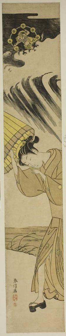 Woman Opening Umbrella as Thunder Approaches, c. 1769. Creator: Suzuki Harunobu