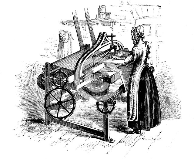 Woman operating a power loom for weaving cotton, c1840. Creator: Unknown.