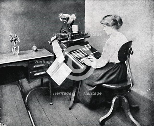 'Woman Operator on Monotype Keyboard', 1917. Artist: Unknown.