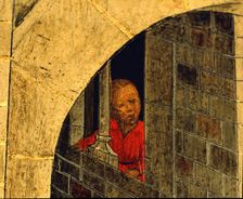 Woman looking through a window detail of the Transfiguration altarpiece, 1445-1452. Tempera o…
