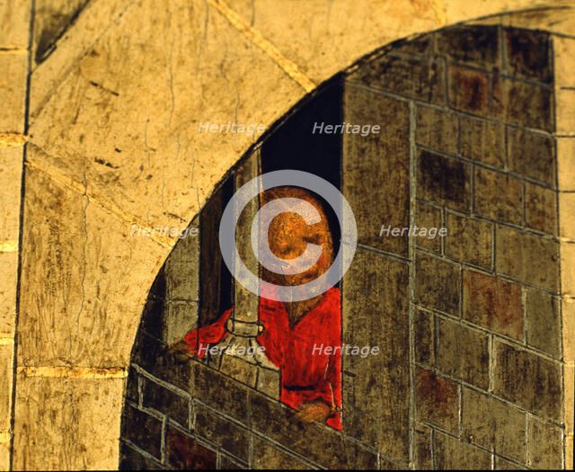  'Woman looking through a window', detail of the Transfiguration altarpiece, 1445-1452. Tempera o…