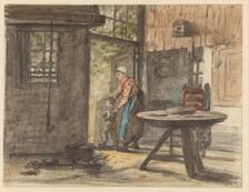 Woman lets boy go outside, 1836-1896. Creator: Hendrik Valkenburg