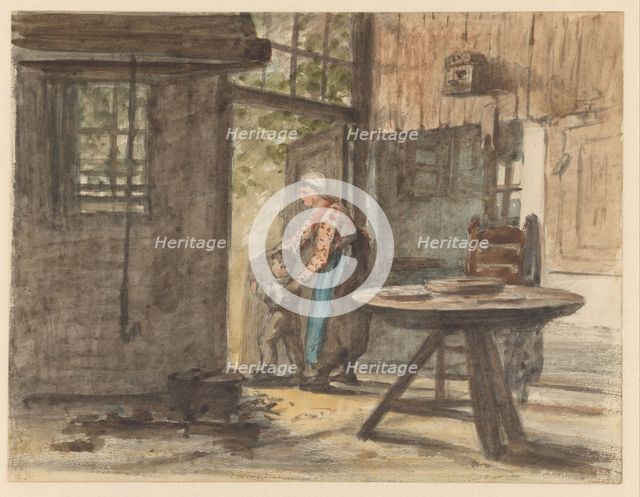Woman lets boy go outside, 1836-1896. Creator: Hendrik Valkenburg.