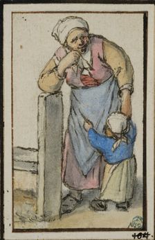 Woman leaning against a post, with a small child. Creator: Adriaen van Ostade