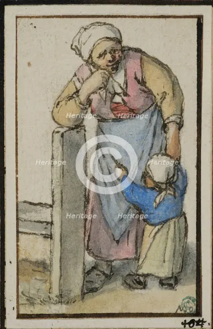 Woman leaning against a post, with a small child. Creator: Adriaen van Ostade.