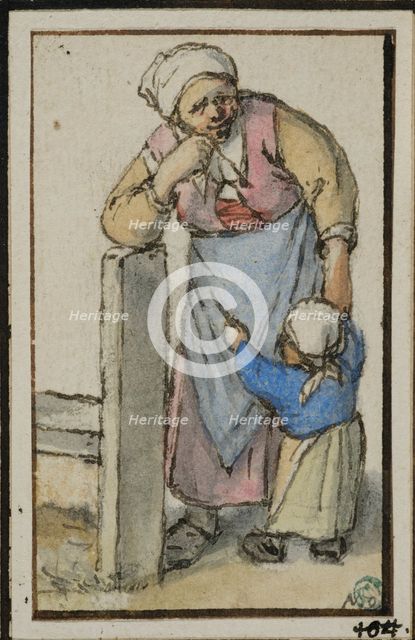 Woman leaning against a post, with a small child. Creator: Adriaen van Ostade.