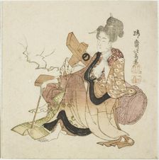 Woman leaning against wine cask, from an untitled series of Eight Immortals of the..., early 1800s. Creator: Hokuba