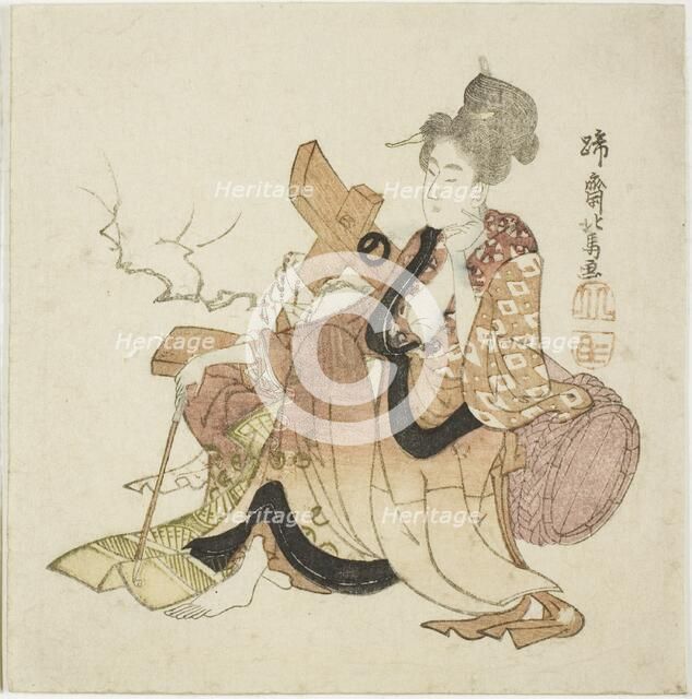 Woman leaning against wine cask, from an untitled series of Eight Immortals of the..., early 1800s. Creator: Hokuba.
