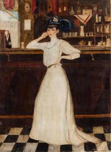 Woman leaning on a bar, 1906. Creator: George Bottini