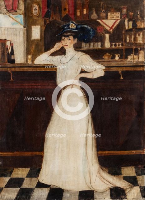Woman leaning on a bar, 1906. Creator: George Bottini.