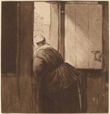 Woman Leaning over a Lower Door, 1761, published 1765. Creator: Cornelis Ploos van Amstel