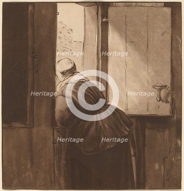 Woman Leaning over a Lower Door, 1761, published 1765. Creator: Cornelis Ploos van Amstel.