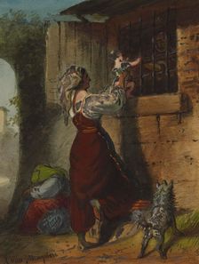 Woman Lifting Infant to Cell Window, mid 19th century. Creator: Alfred Jacob Miller