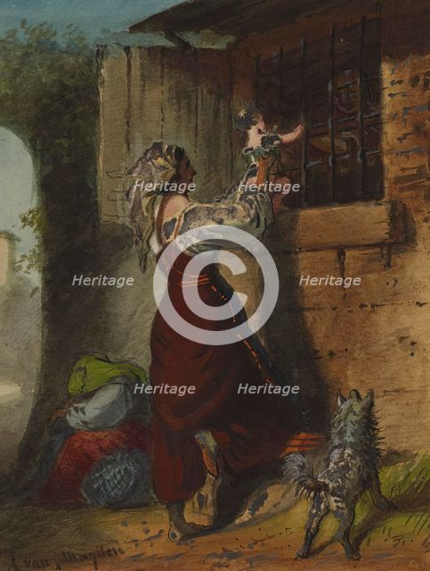 Woman Lifting Infant to Cell Window, mid 19th century. Creator: Alfred Jacob Miller.