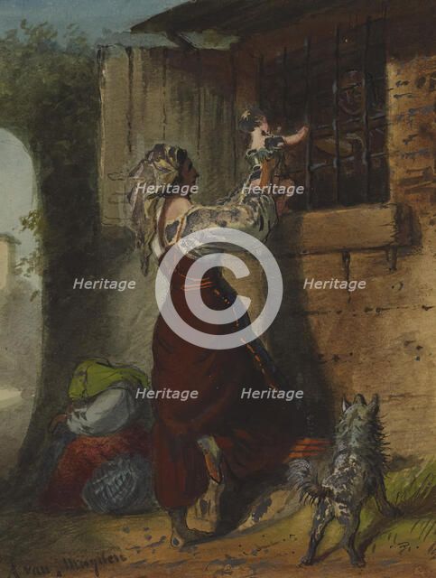 Woman Lifting Infant to Cell Window, mid 19th century. Creator: Alfred Jacob Miller.