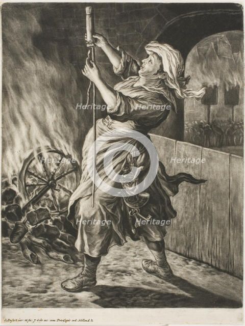 Woman Lighting a Rocket, also called Peace Gets Me Going, from Communia..., 1695. Creator: Cornelis Dusart.