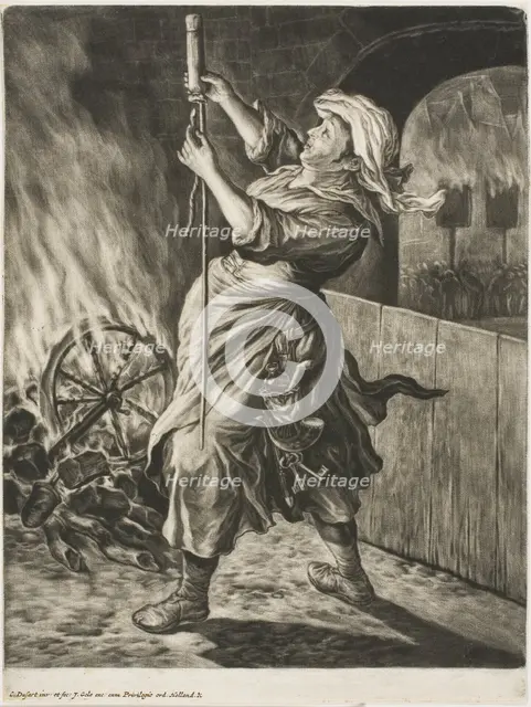 Woman Lighting a Rocket, also called Peace Gets Me Going, from Communia..., 1695. Creator: Cornelis Dusart.