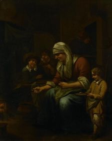Woman making pancakes, 1670-1709. Creator: Bernardus van Schijndel