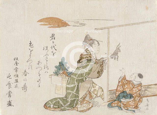Woman Making Rabbit Shadow for Small Boy, 1807. Creator: Shinsai.